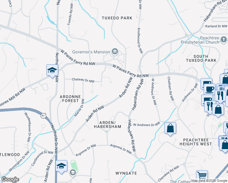 map of restaurants, bars, coffee shops, grocery stores, and more near 3180 Arden Road Northwest in Atlanta