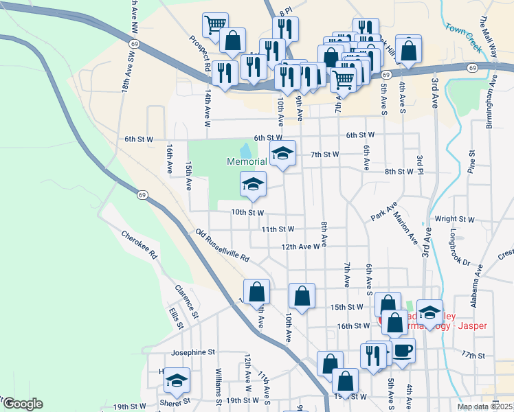 map of restaurants, bars, coffee shops, grocery stores, and more near 907 12th Avenue West in Jasper
