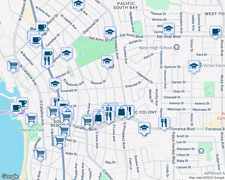 map of restaurants, bars, coffee shops, grocery stores, and more near 114 South Juanita Avenue in Redondo Beach