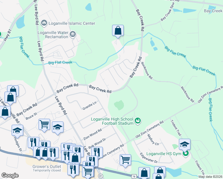 map of restaurants, bars, coffee shops, grocery stores, and more near 601 Hunters Cove Lane in Loganville