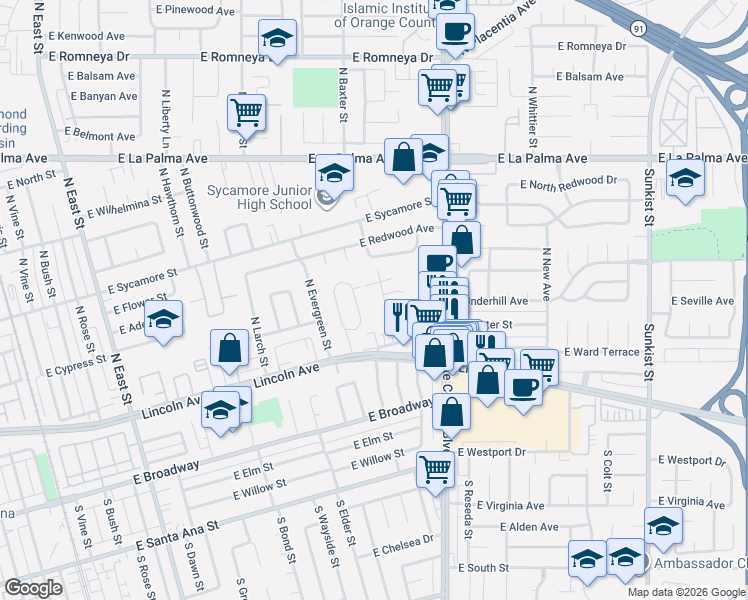 map of restaurants, bars, coffee shops, grocery stores, and more near 225 North Coffman Street in Anaheim