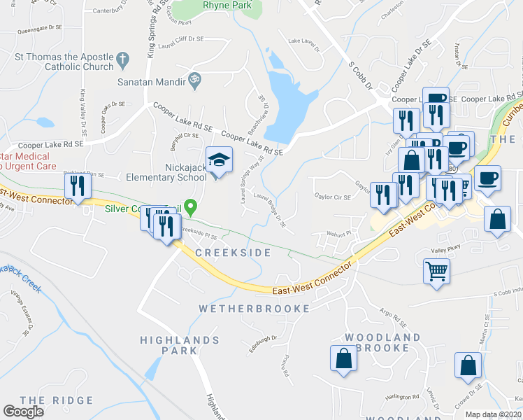 map of restaurants, bars, coffee shops, grocery stores, and more near 5055 Laurel Springs Way Southeast in Smyrna