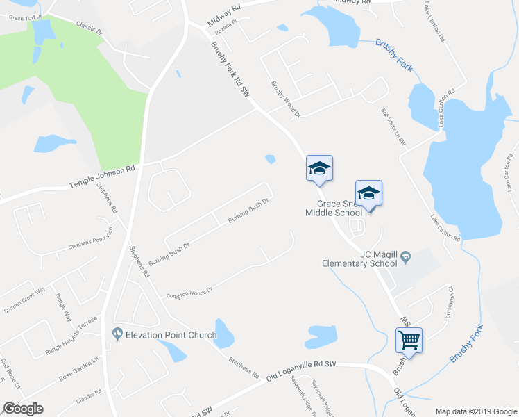 map of restaurants, bars, coffee shops, grocery stores, and more near 1150 Burning Bush Drive in Loganville