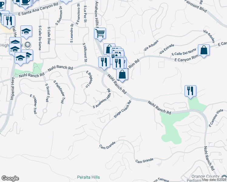 map of restaurants, bars, coffee shops, grocery stores, and more near 6103 East Morningview Drive in Anaheim