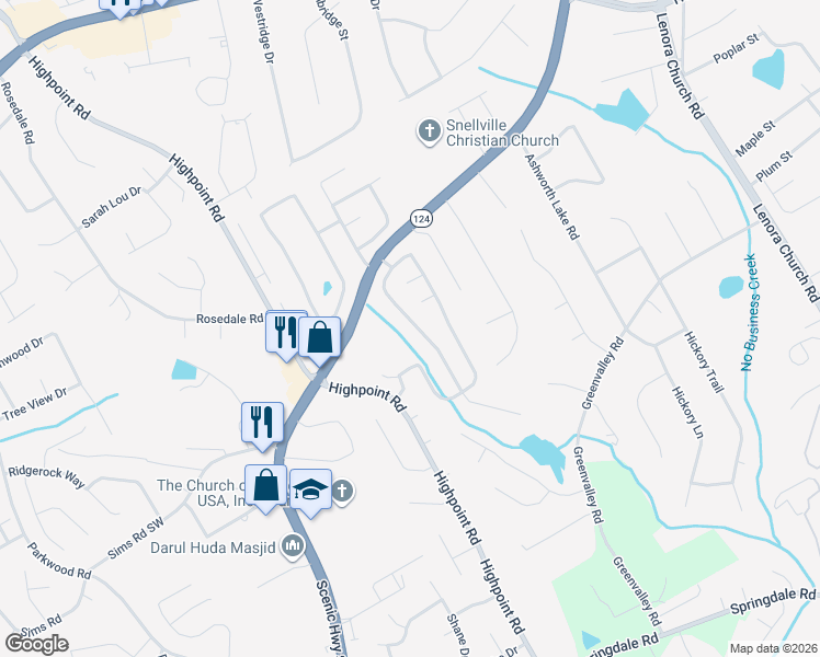 map of restaurants, bars, coffee shops, grocery stores, and more near 3183 Newtons Crest Circle in Snellville
