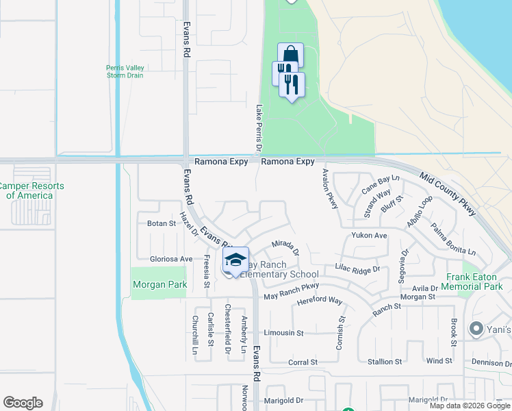 map of restaurants, bars, coffee shops, grocery stores, and more near 3874 Millbrae Terrace in Perris