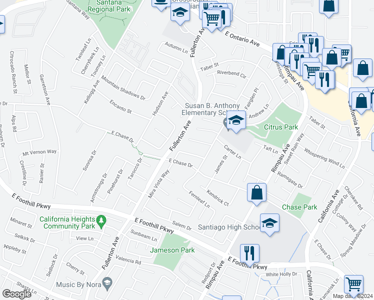 map of restaurants, bars, coffee shops, grocery stores, and more near 1035 Summerplace Court in Corona