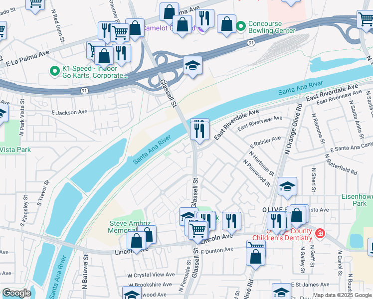map of restaurants, bars, coffee shops, grocery stores, and more near 101 West Riverdale Avenue in Orange