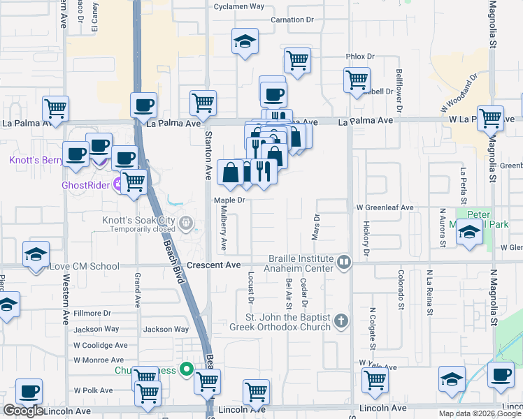 map of restaurants, bars, coffee shops, grocery stores, and more near 8197 Larch Circle in Buena Park