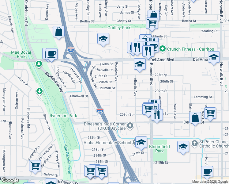 map of restaurants, bars, coffee shops, grocery stores, and more near 20701 Roseton Avenue in Lakewood