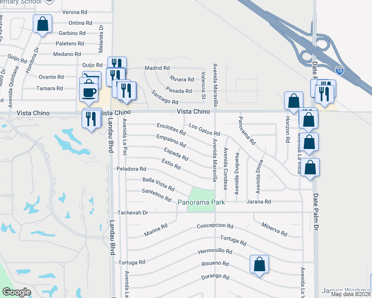 map of restaurants, bars, coffee shops, grocery stores, and more near 68300 Espada Road in Cathedral City