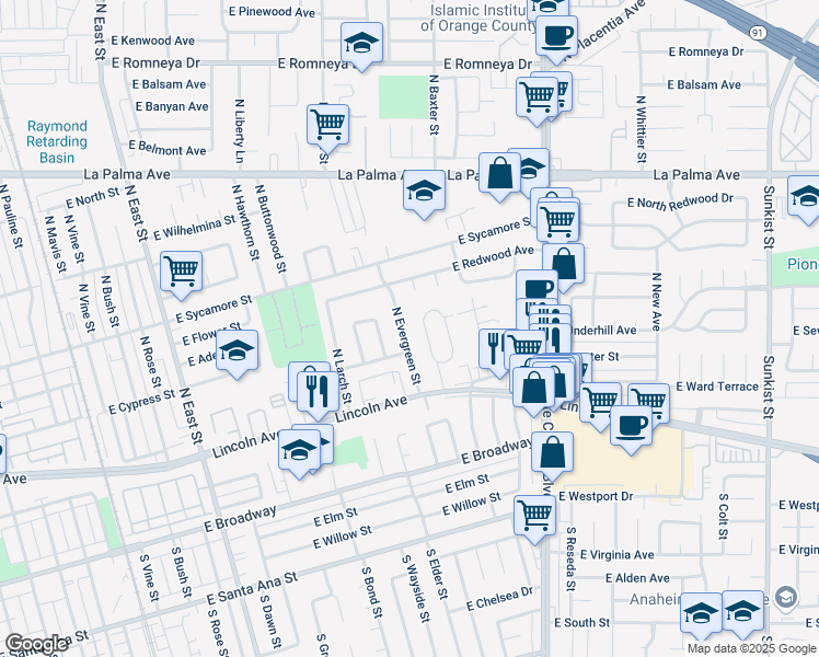 map of restaurants, bars, coffee shops, grocery stores, and more near 218 North Evergreen Street in Anaheim