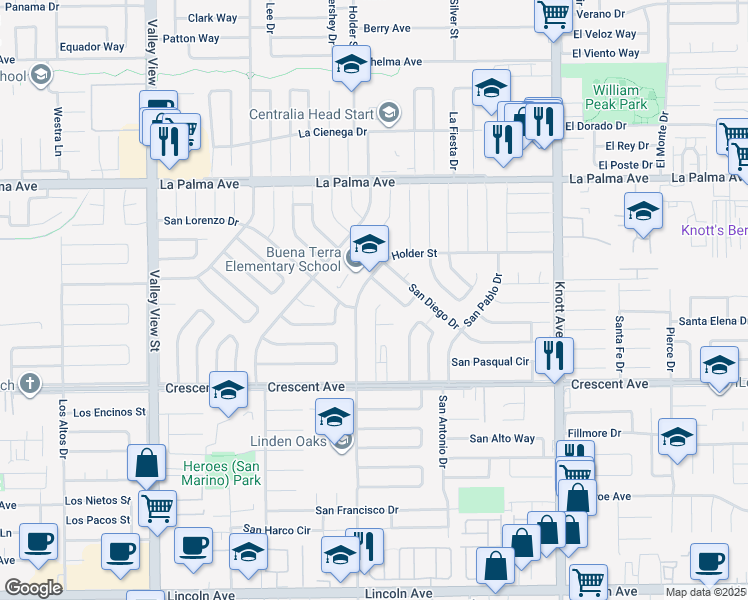 map of restaurants, bars, coffee shops, grocery stores, and more near 8321 San Simeon Circle in Buena Park