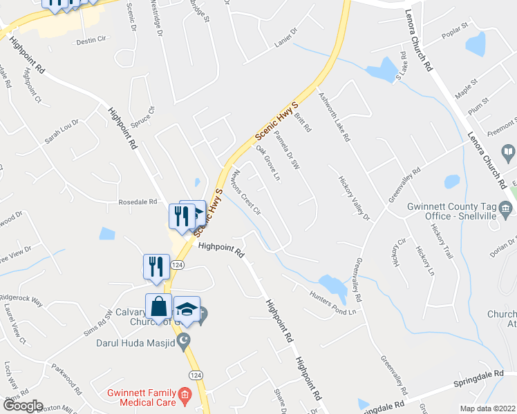 map of restaurants, bars, coffee shops, grocery stores, and more near 3202 Newtons Crest Circle in Snellville