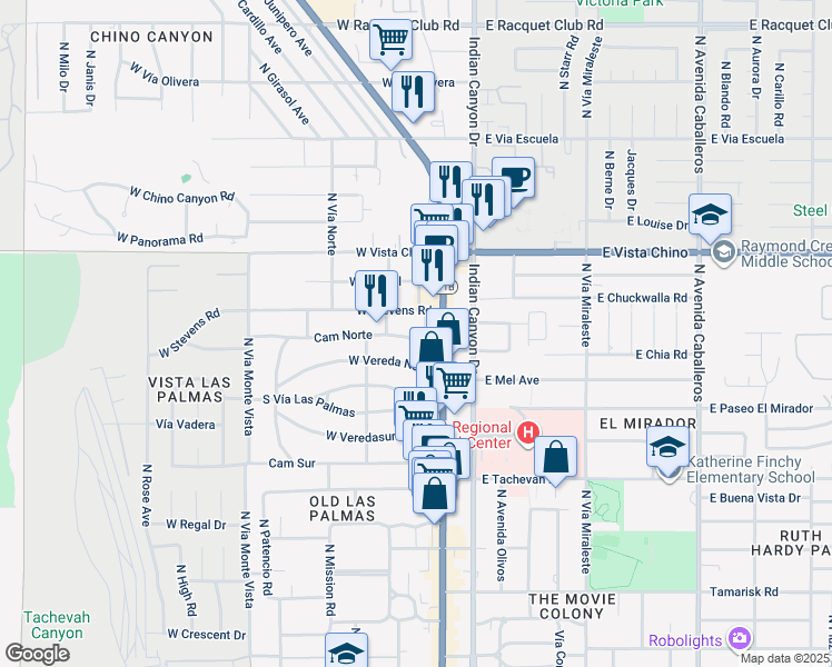map of restaurants, bars, coffee shops, grocery stores, and more near 270 West Stevens Road in Palm Springs