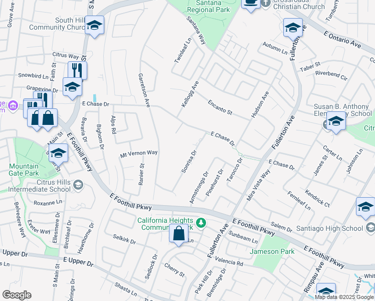 map of restaurants, bars, coffee shops, grocery stores, and more near 3024 Sonrisa Drive in Corona