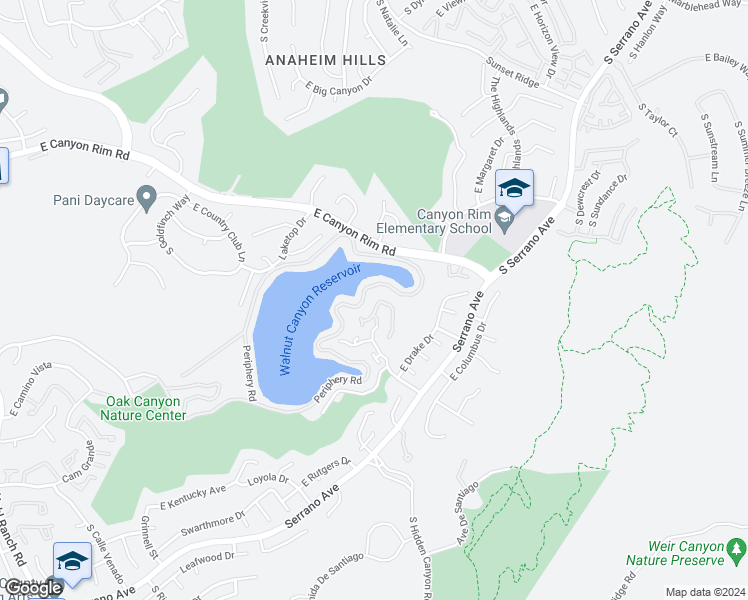 map of restaurants, bars, coffee shops, grocery stores, and more near 7181 East Scenic Circle in Anaheim