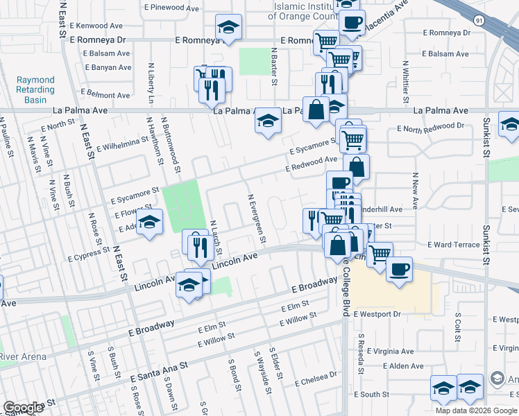 map of restaurants, bars, coffee shops, grocery stores, and more near 218 North Evergreen Street in Anaheim