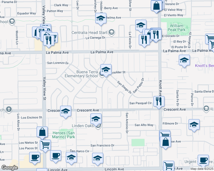 map of restaurants, bars, coffee shops, grocery stores, and more near 8321 San Simeon Circle in Buena Park