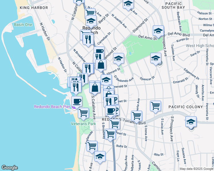 map of restaurants, bars, coffee shops, grocery stores, and more near 122 California 1 in Redondo Beach