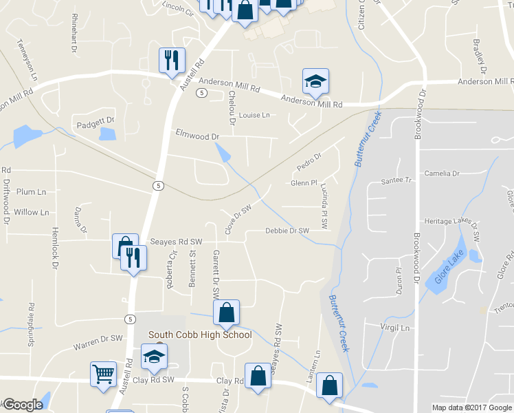 map of restaurants, bars, coffee shops, grocery stores, and more near 4815 Clove Drive Southwest in Mableton
