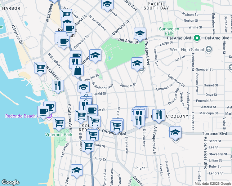 map of restaurants, bars, coffee shops, grocery stores, and more near 2 South Helberta Avenue in Redondo Beach
