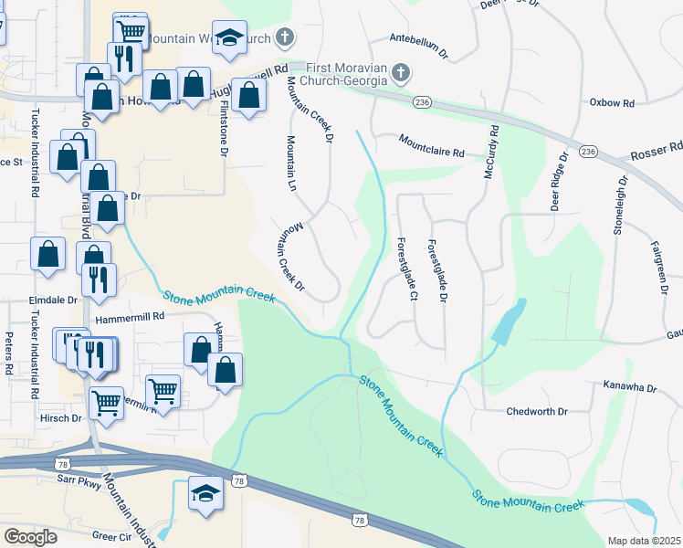 map of restaurants, bars, coffee shops, grocery stores, and more near 1906 Mountain Creek Drive in Stone Mountain