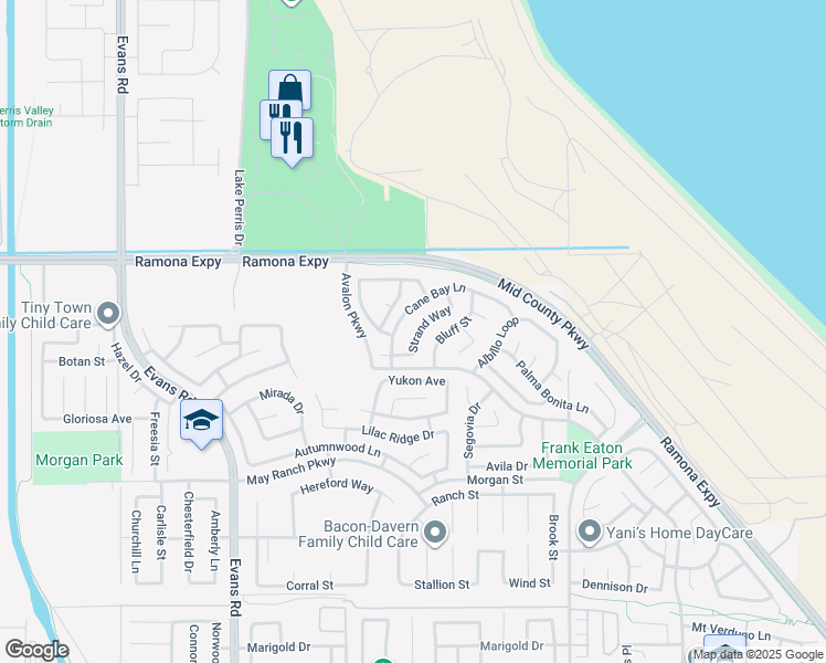 map of restaurants, bars, coffee shops, grocery stores, and more near 3888 Strand Way in Perris