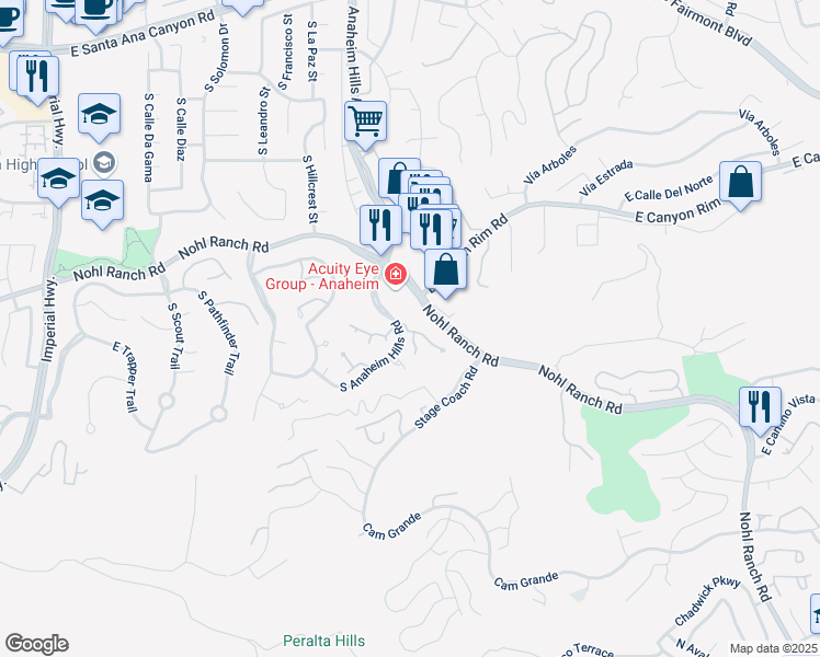 map of restaurants, bars, coffee shops, grocery stores, and more near 500 South Anaheim Hills Road in Anaheim