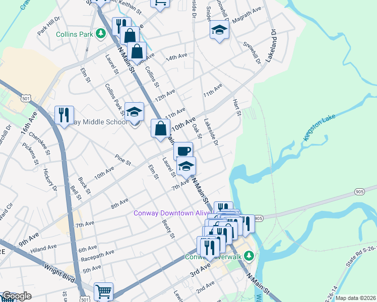 map of restaurants, bars, coffee shops, grocery stores, and more near 901 Collins Street in Conway