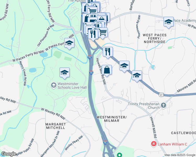 map of restaurants, bars, coffee shops, grocery stores, and more near 3200 Howell Mill Road Northwest in Atlanta