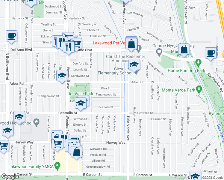 map of restaurants, bars, coffee shops, grocery stores, and more near 6236 Elsa Street in Lakewood