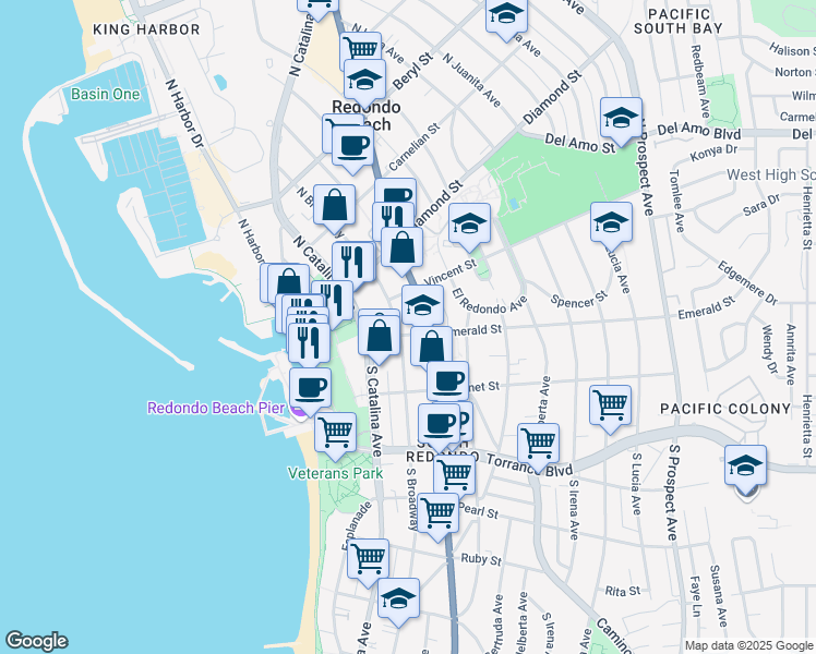 map of restaurants, bars, coffee shops, grocery stores, and more near 128 North Broadway in Redondo Beach