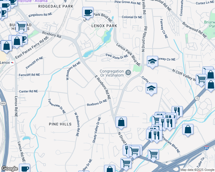 map of restaurants, bars, coffee shops, grocery stores, and more near 2119 Wrights Mill Circle Northeast in Atlanta