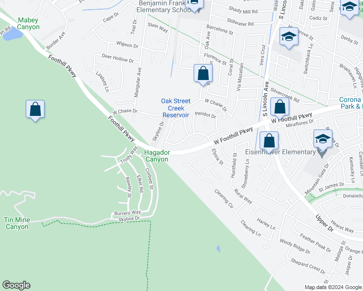 map of restaurants, bars, coffee shops, grocery stores, and more near 3412 Wexford Circle in Corona