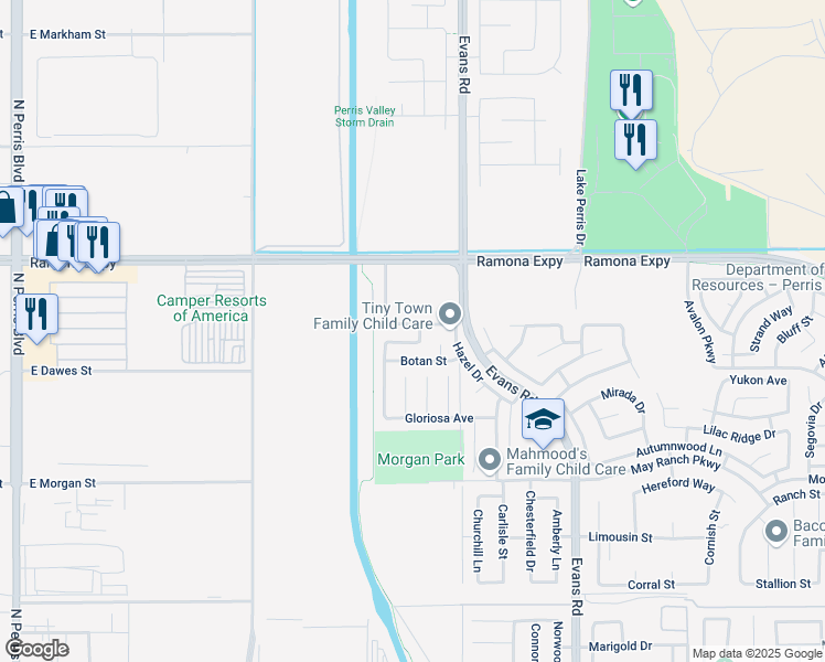 map of restaurants, bars, coffee shops, grocery stores, and more near 606 Amaranta Avenue in Perris
