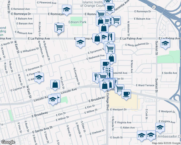 map of restaurants, bars, coffee shops, grocery stores, and more near 227 North Coffman Street in Anaheim