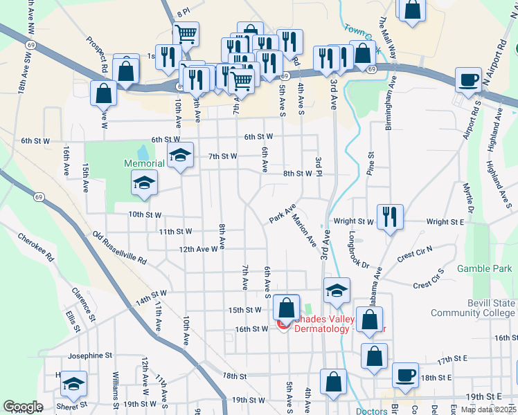 map of restaurants, bars, coffee shops, grocery stores, and more near Glenview Drive in Jasper