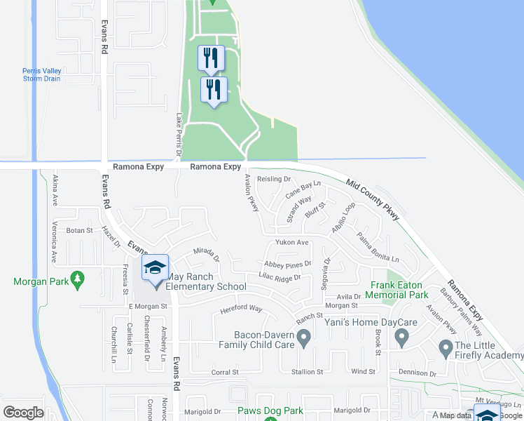 map of restaurants, bars, coffee shops, grocery stores, and more near 3914 Chardonnay Drive in Perris