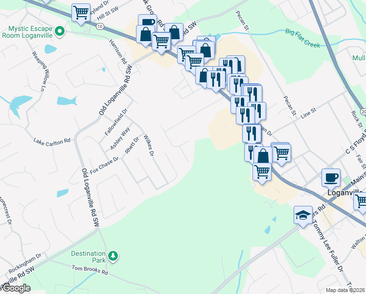 map of restaurants, bars, coffee shops, grocery stores, and more near 270 Randy Road Southwest in Loganville