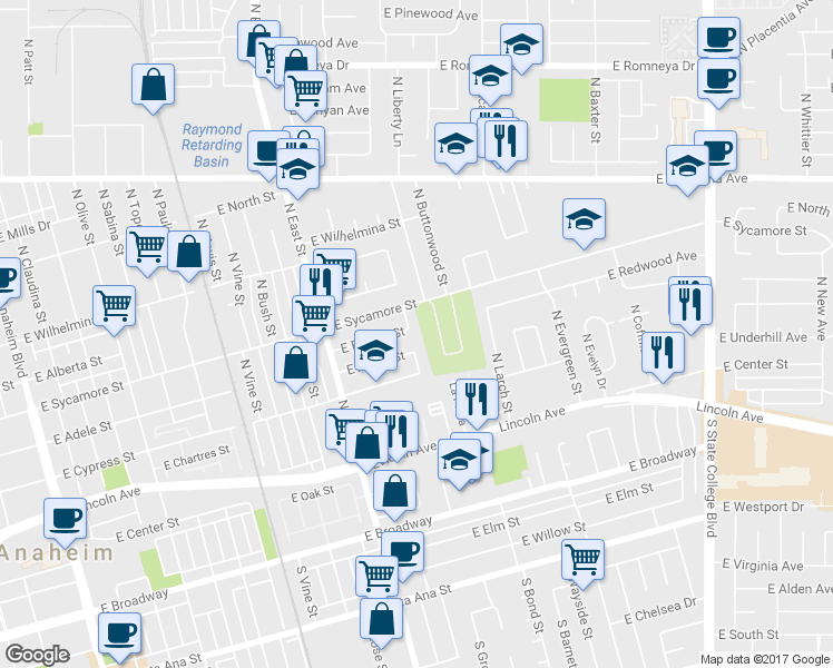 map of restaurants, bars, coffee shops, grocery stores, and more near 1276 East Flower Street in Anaheim
