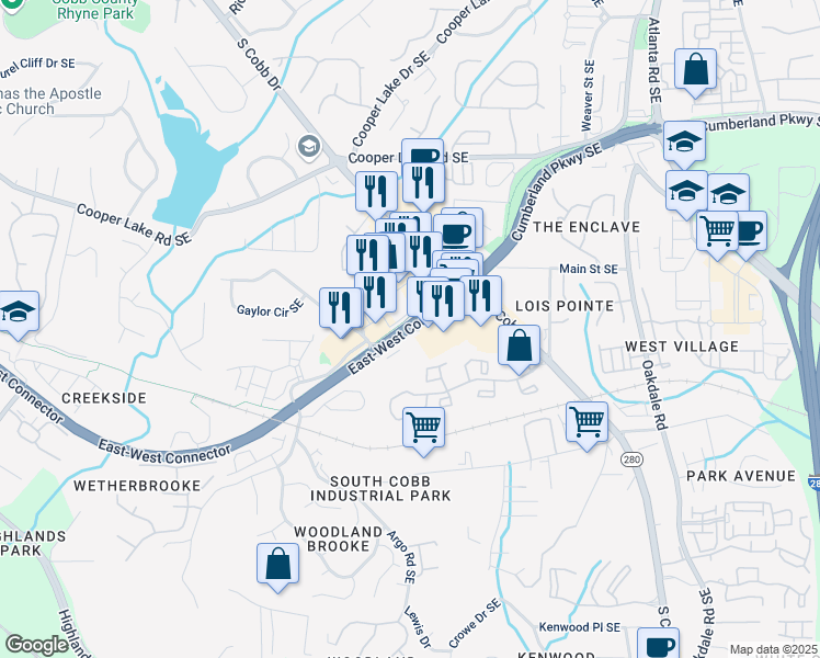 map of restaurants, bars, coffee shops, grocery stores, and more near 4613 East-West Connector in Smyrna