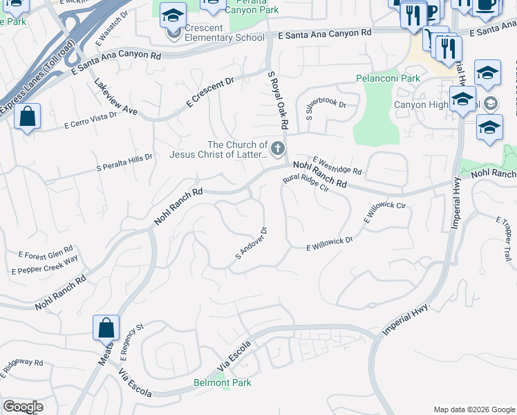 map of restaurants, bars, coffee shops, grocery stores, and more near 525 South Andover Drive in Anaheim