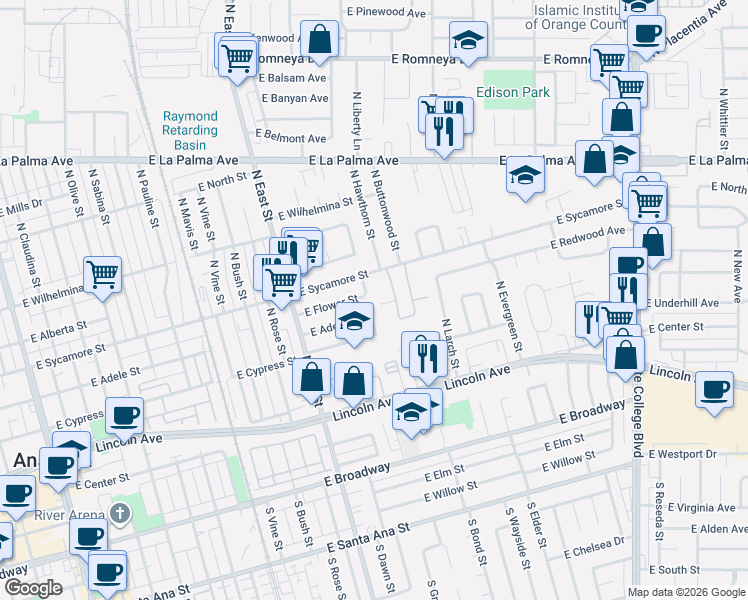 map of restaurants, bars, coffee shops, grocery stores, and more near 1400 East Sycamore Street in Anaheim