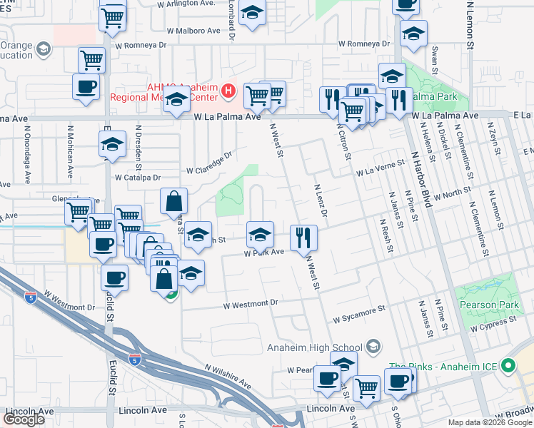 map of restaurants, bars, coffee shops, grocery stores, and more near 848 North Yvonne Place in Anaheim