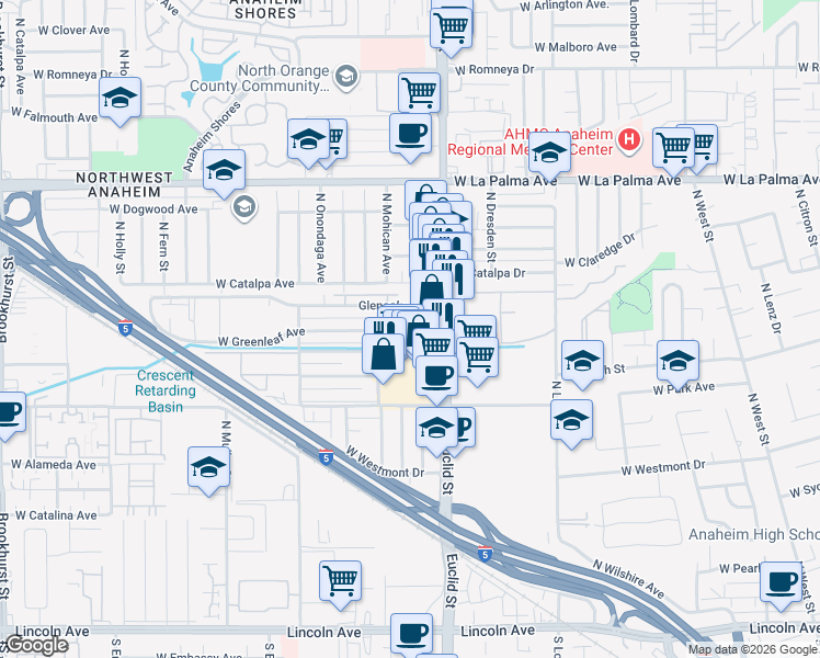 map of restaurants, bars, coffee shops, grocery stores, and more near 1738 Glenoaks Avenue in Anaheim