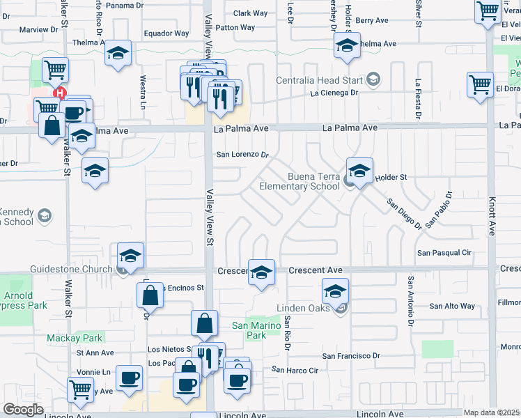 map of restaurants, bars, coffee shops, grocery stores, and more near 6176 San Ricardo Way in Buena Park