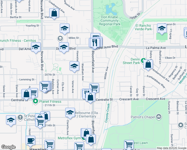 map of restaurants, bars, coffee shops, grocery stores, and more near 12542 206th Street in Lakewood