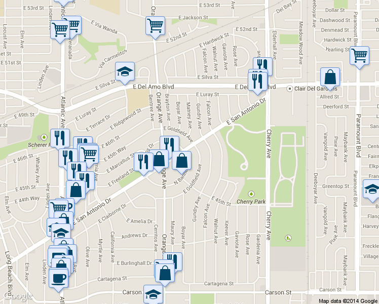 map of restaurants, bars, coffee shops, grocery stores, and more near 4661 East Goldfield Avenue in Long Beach