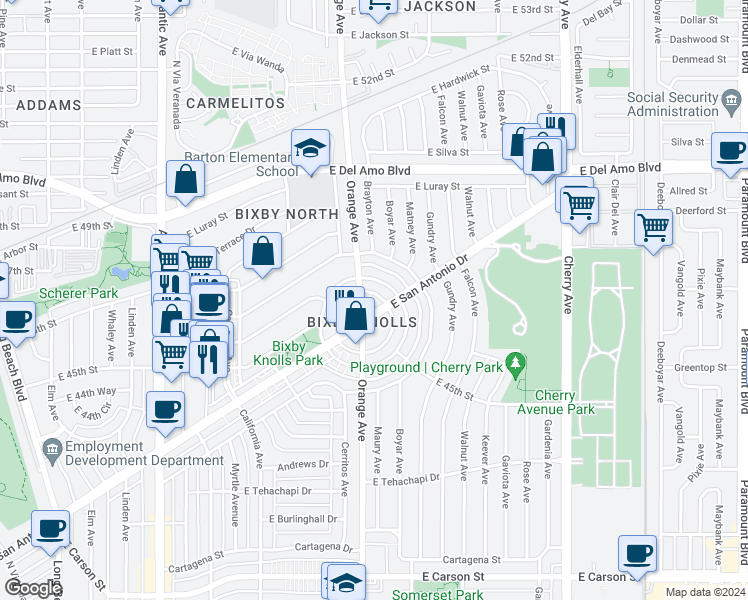 map of restaurants, bars, coffee shops, grocery stores, and more near 4681 North Banner Drive in Long Beach
